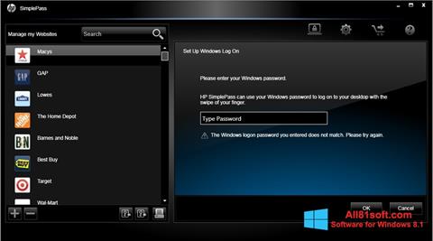 Captură de ecran HP SimplePass pentru Windows 8.1